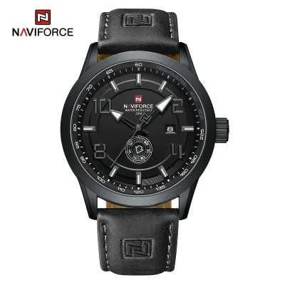 NAVIFORCE 9229 Trend Casual Wristwatch for Man Military Sports Water Resistant Leather Strap Men's Clock Quartz Calendar Male Watches - Black Grey Black